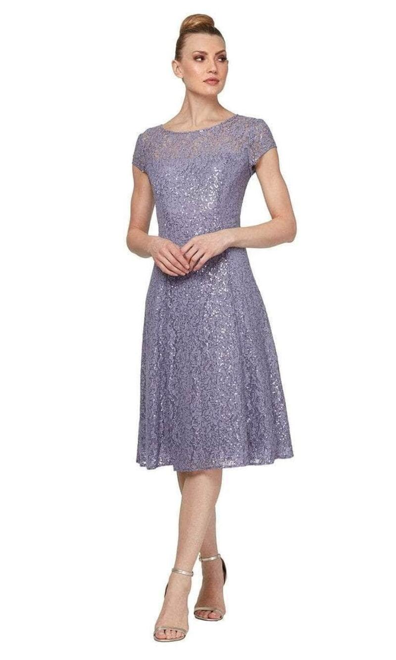 NWT SLNY Short Sleeve Scoop Neck Tea Length A-line Sequin Dress Size 12, 16